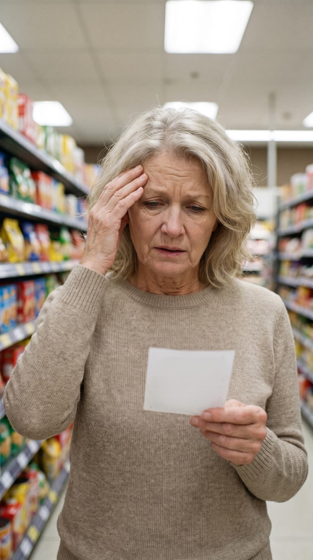 Woman in a supermarket aisle holding a shopping list, touching her forehead while trying to remember an item