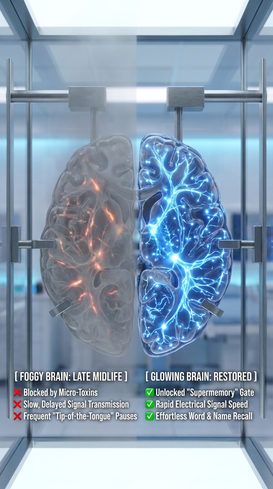 Lab graphic comparing a foggy, micro-toxin-blocked brain with a glowing restored brain showing rapid electrical signals